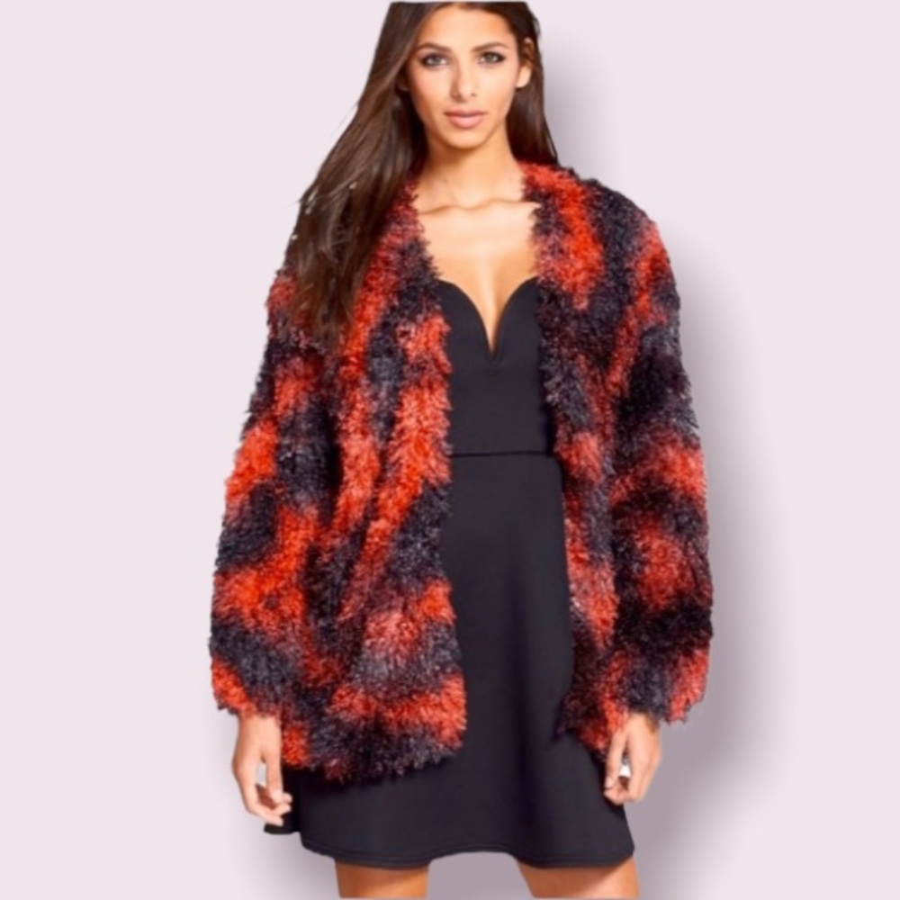 June & Hudson Loop Yarn Faux Fur Open Jacket in Black & Red